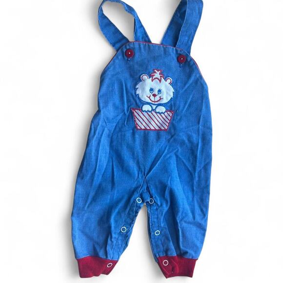 Vintage unisex blue and red Denim One piece 6/9m overalls set - Picture 1 of 2
